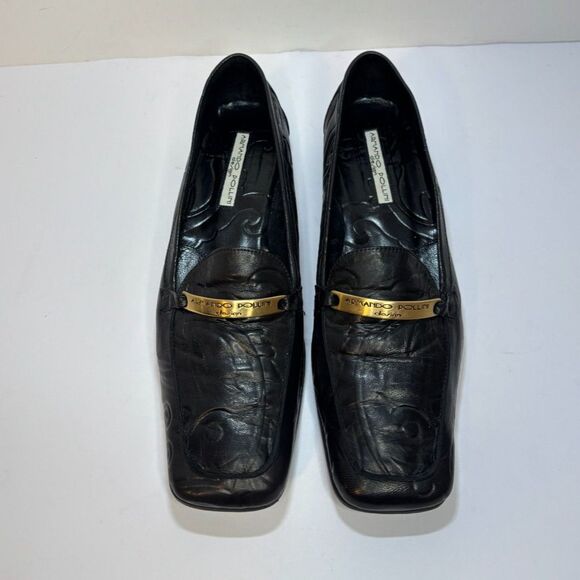 Armando Pollini Design Italian Embossed Leather Penny Loafer Womens Black Gold - Picture 6 of 8